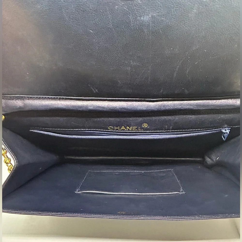 CHANEL Vintage Coco Mark Chain Navy Blue Lambskin Gold Chain Bag